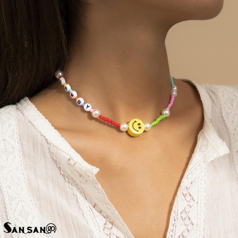 Ins Korean Version Bohemia Smiley Necklace Colorful Acrylic Multi-Element Beaded Necklace for Women Party Decoration Jewelry