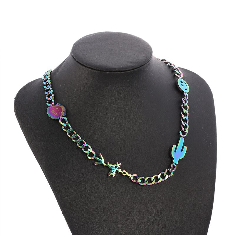 Ins Vintage Hip-hop Smiling Face Necklace Harajuku Punk Pin Pendant Necklace Quenched  Sweater Chain Unisex Jewelry