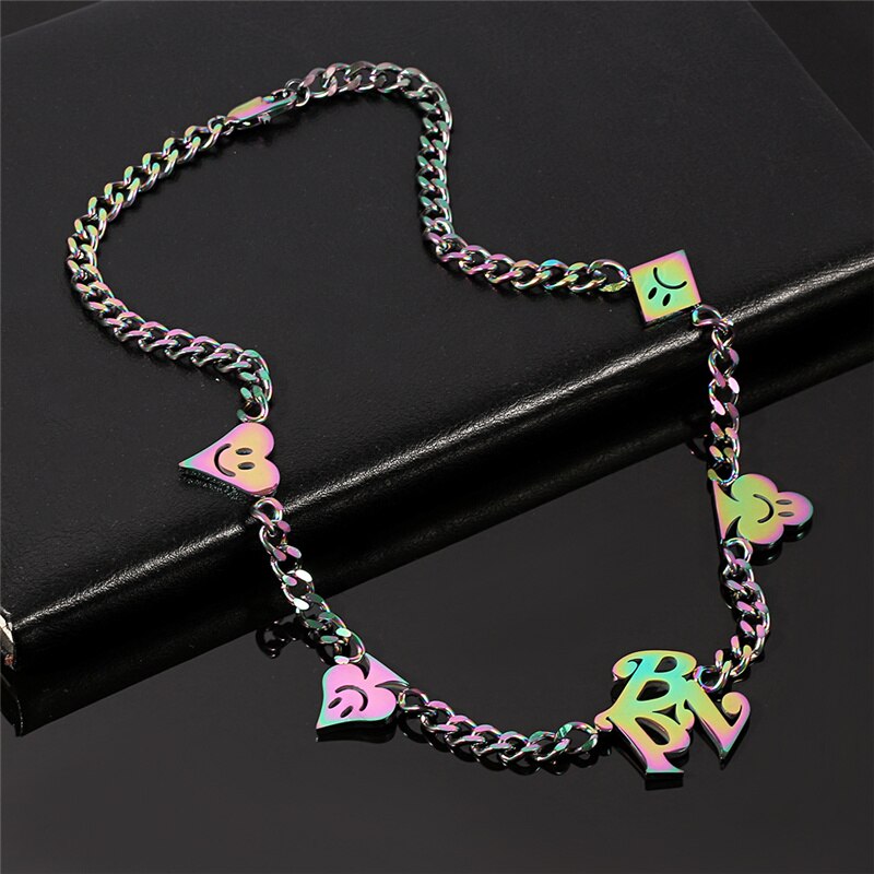 Ins Vintage Hip-hop Smiling Face Necklace Harajuku Punk Pin Pendant Necklace Quenched  Sweater Chain Unisex Jewelry