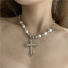 Ins Style Hip Hop Retro Pearl Necklace Punk Simple European And American Sweet And Cool Dark Wind Cross Pendant Clavicle Chain
