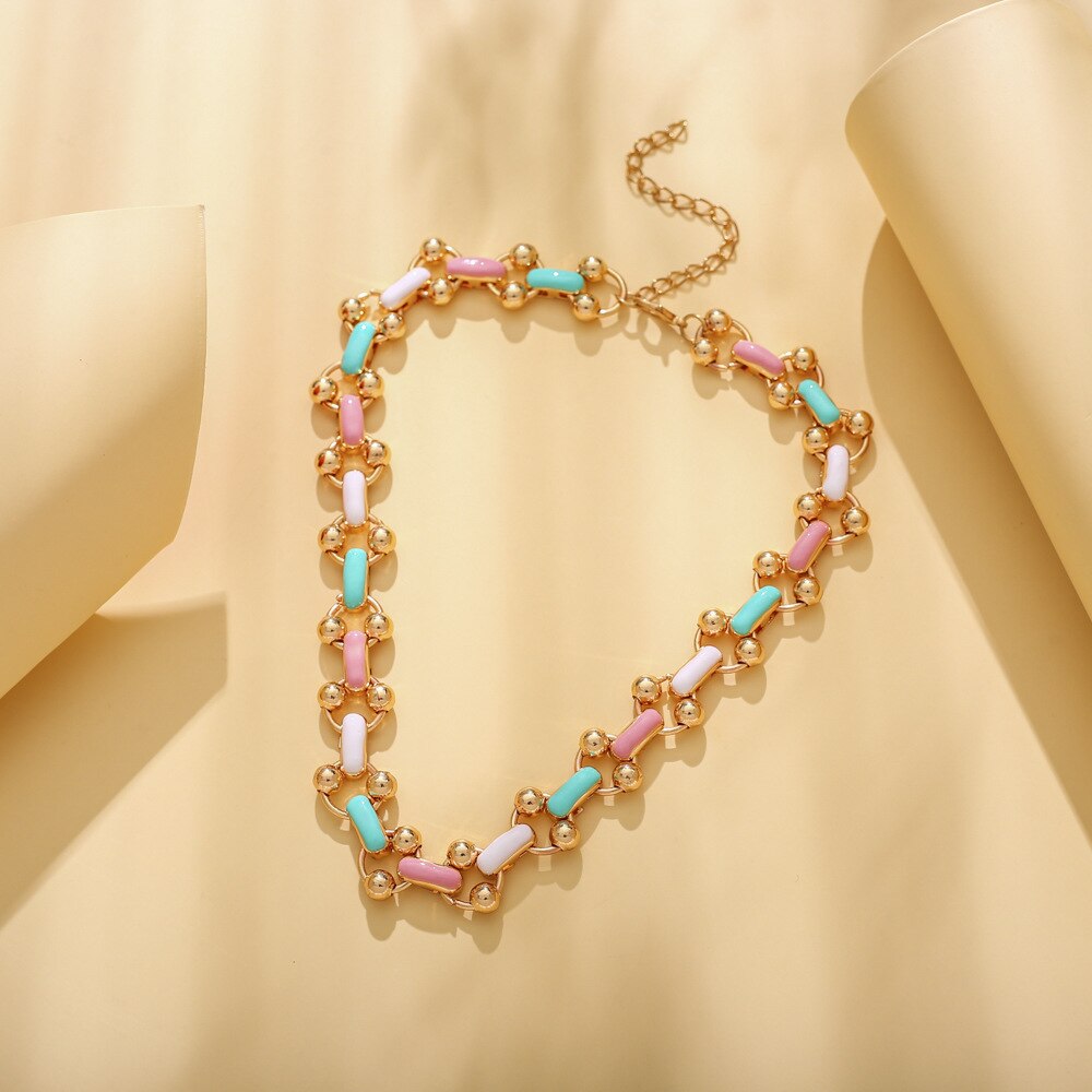 Ins Temperament Leisure Punk Rainbow Metal Necklace Small Gold Ball Drop Oil Color Clavicle Chain for Women Girls Gifts Jewelry