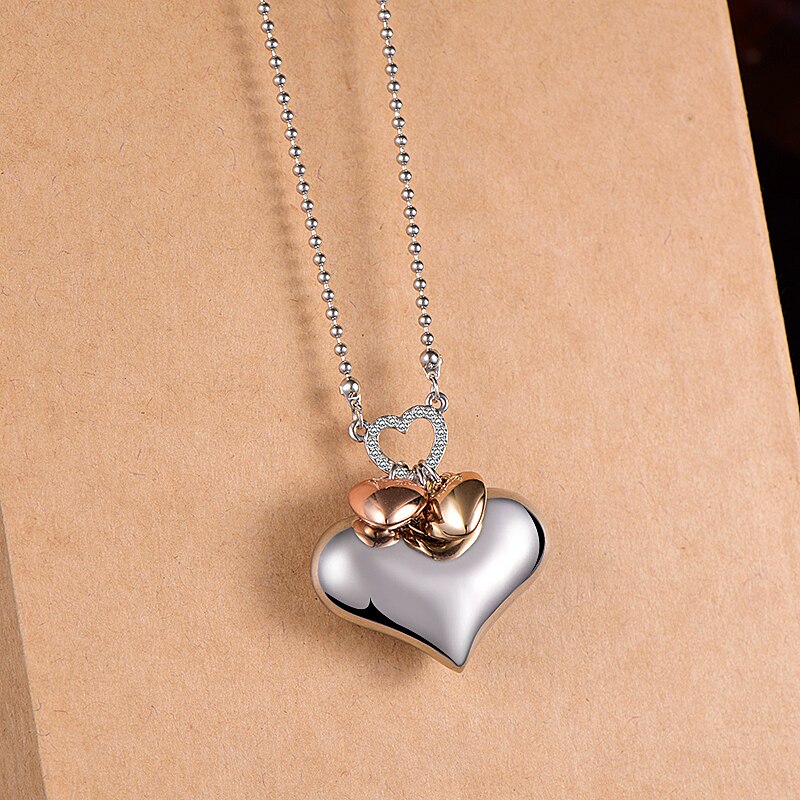 Ins Trendy 3D Big Heart Pendent Necklace Silverly And Gold Color Chain Woman Necklace Valentine's Day Gift Jewelry Accessories