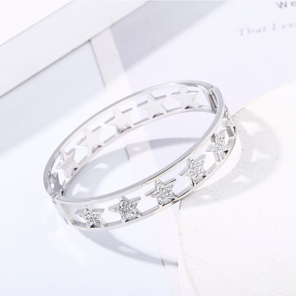 Ins Trendy Star Cuban Charm Chain Bracelet For Women Crystal Design Silvery/Rose Gold Stainless Steel Classic Bracelets Jewelry