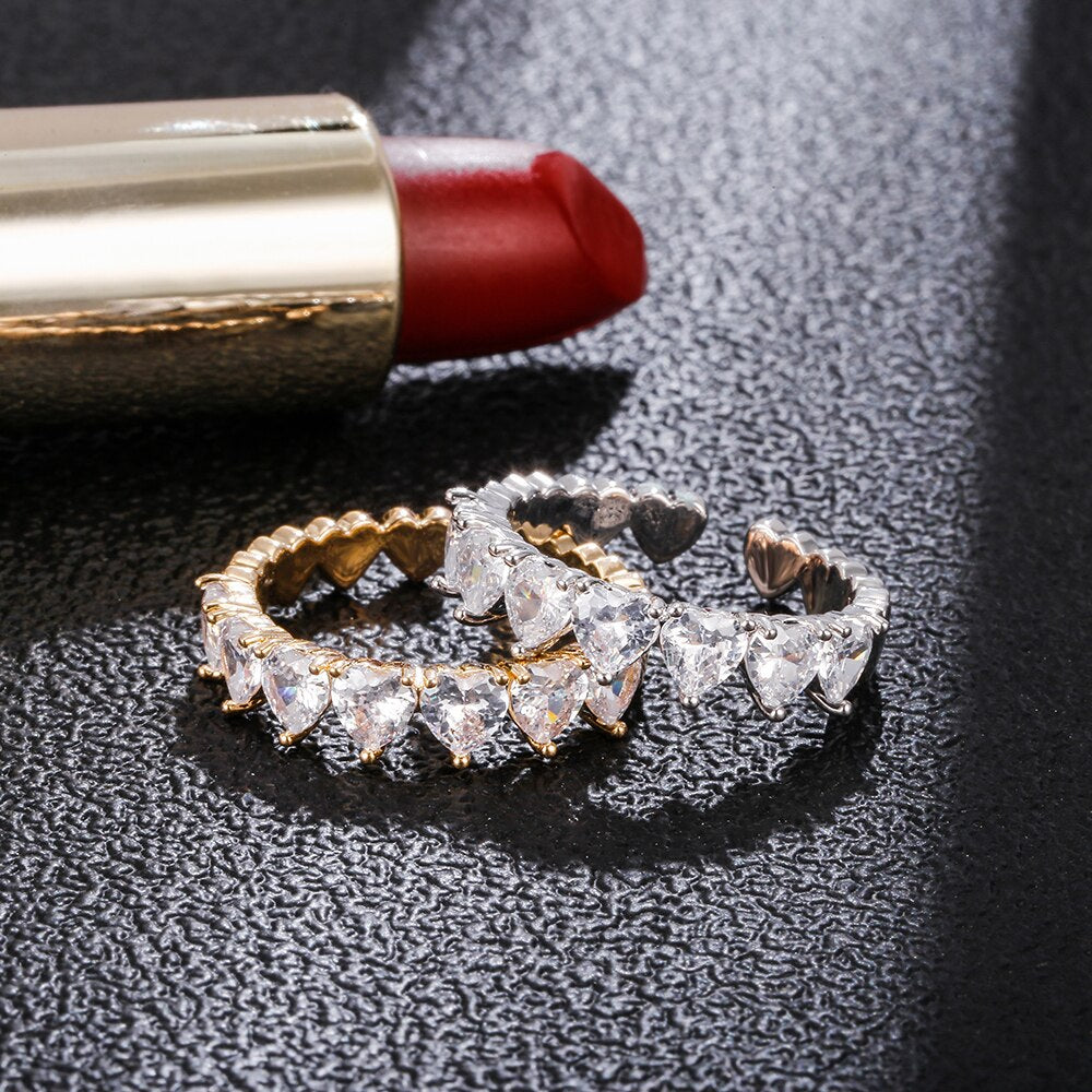 Ins Trendy Wedding Heart Rings  Copper Gold Color Iced Out Cubic Zirconia Adjustable Rings Gift for Women Jewelry