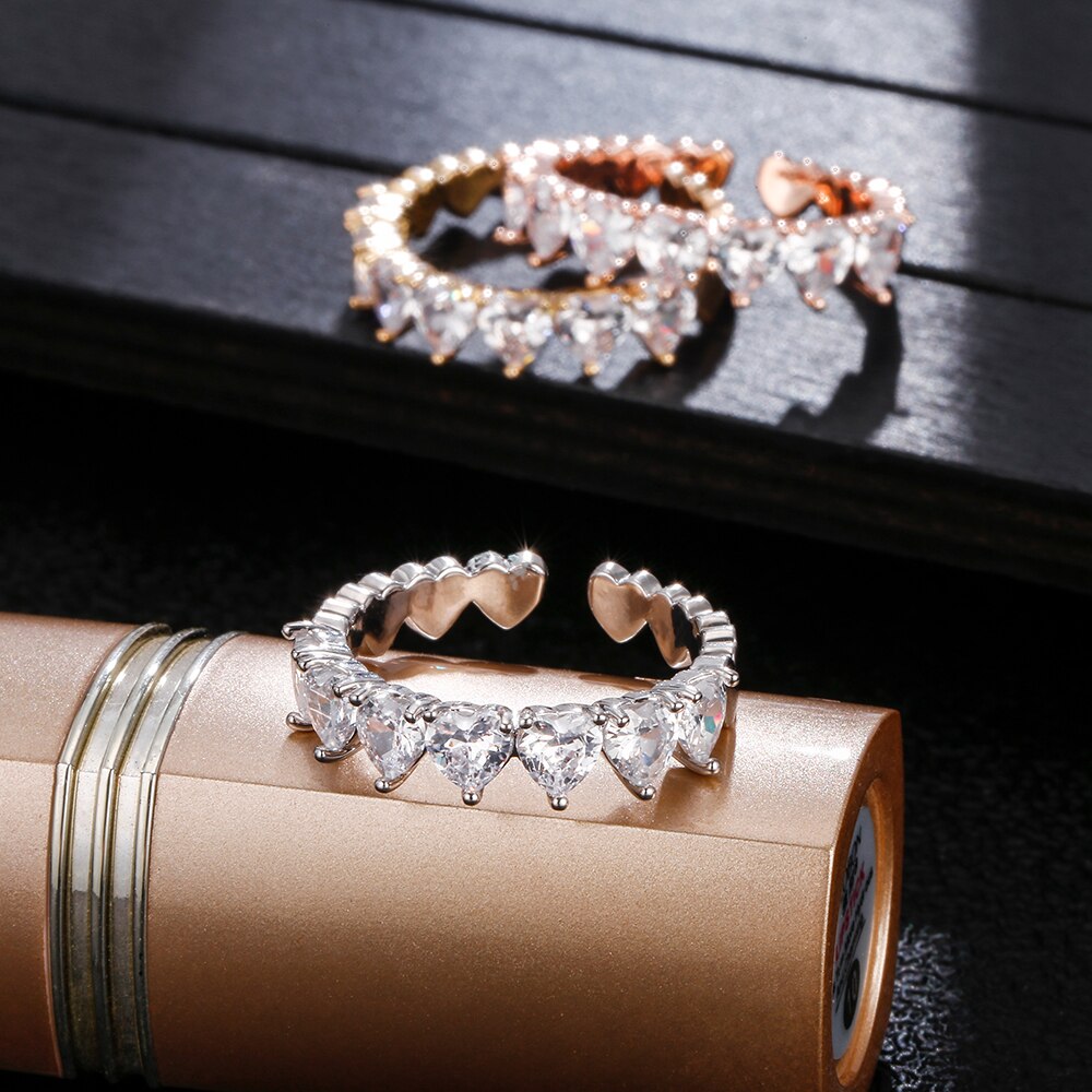 Ins Trendy Wedding Heart Rings  Copper Gold Color Iced Out Cubic Zirconia Adjustable Rings Gift for Women Jewelry