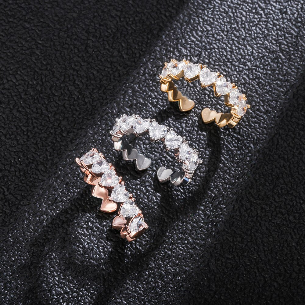 Ins Trendy Wedding Heart Rings  Copper Gold Color Iced Out Cubic Zirconia Adjustable Rings Gift for Women Jewelry