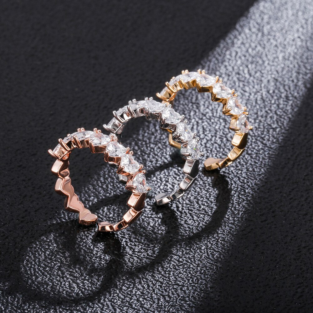 Ins Trendy Wedding Heart Rings  Copper Gold Color Iced Out Cubic Zirconia Adjustable Rings Gift for Women Jewelry