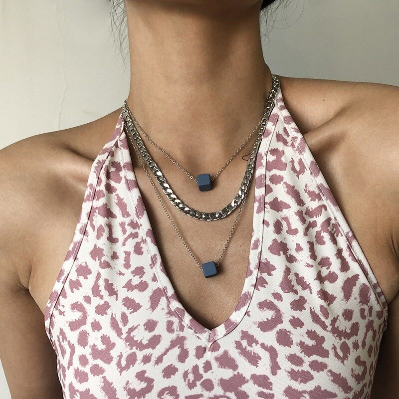Ins Wind Advanced Haze Blue Resin Square Pendant Double Layer Necklace Simple  Clavicle Chain