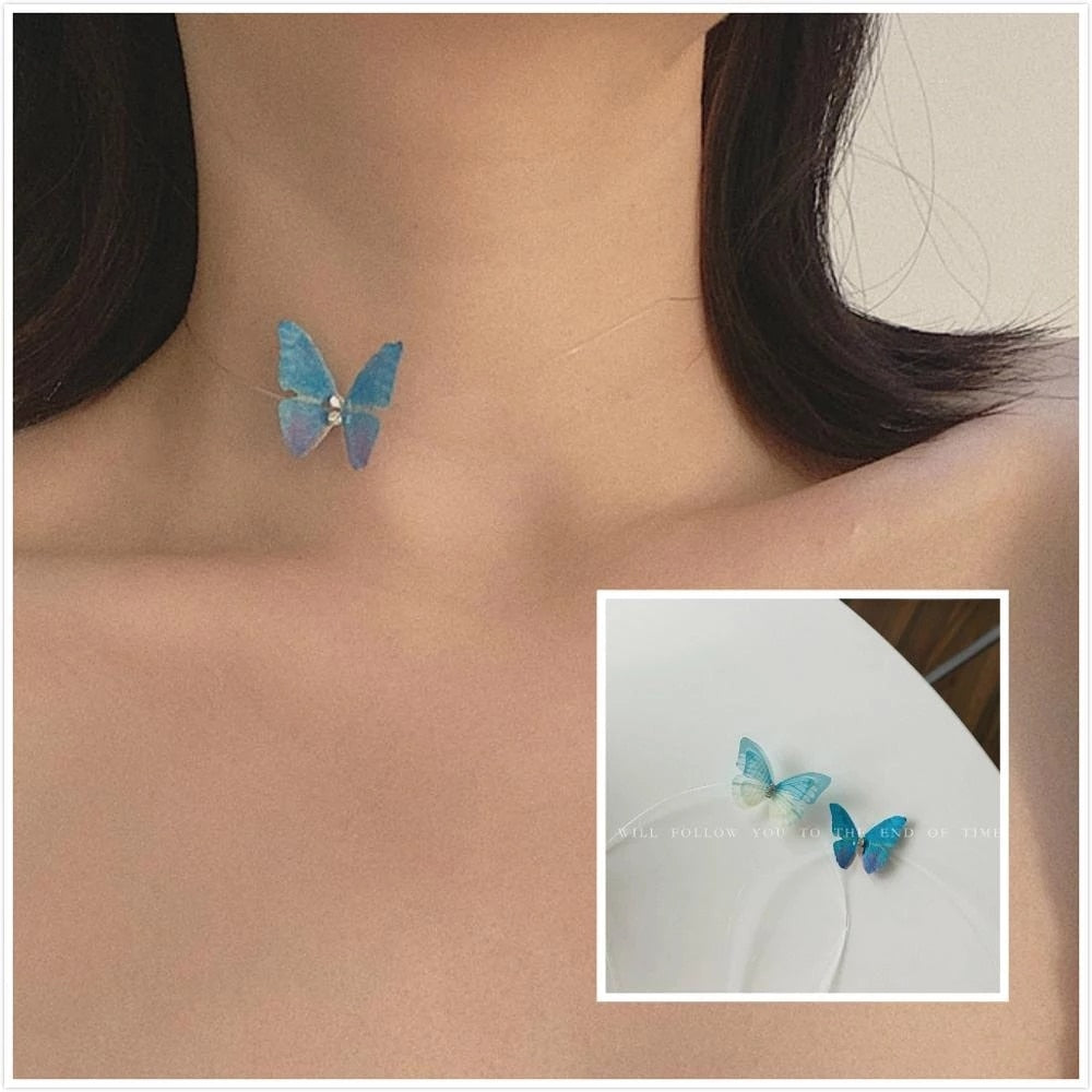 Invisible Chain Blue Butterfly Necklace Choker for Women Girls Vivid Butterfly Sweet Design Neck Accessory Ins