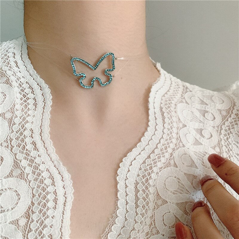 Invisible Fishing Line Full Diamond Butterfly Necklace Cold Wind Girl Short Clavicle Chain Choker Necklace Metal