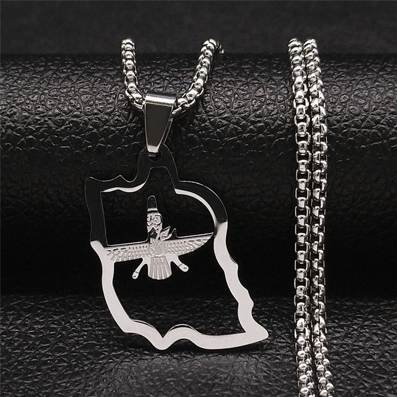 Iran Map Ahura Mazda Religion Stainless Steel Chain Necklace Men Zoroastrianism Iranian Cuture Persian Empire Jewelry N2260S02