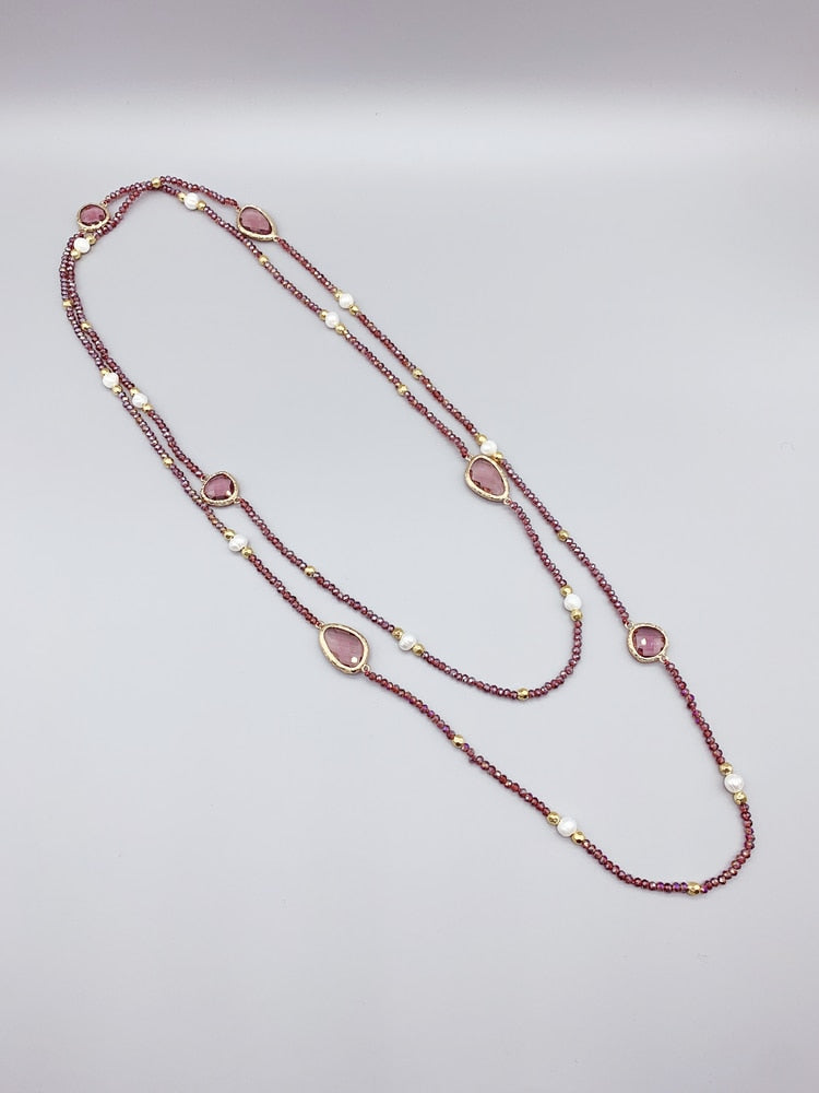 Irregular Purple Amethyst Quartz Long Necklace With 2mm Crystals and 5-6mm White Freshwater Pearls Hammered Gold Beads 50 Inch