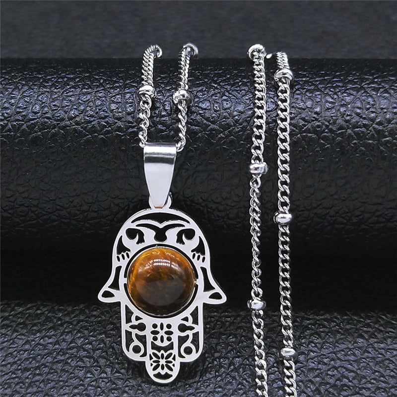 Islam Hamsa Hand Stainless Steel Tiger's Eye Stone Necklaces Women/Men Silver Color Statement Necklace Jewelry collana N7028S04