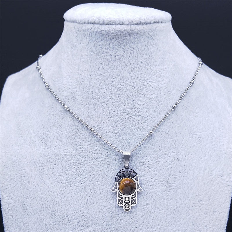 Islam Hamsa Hand Stainless Steel Tiger's Eye Stone Necklaces Women/Men Silver Color Statement Necklace Jewelry collana N7028S04