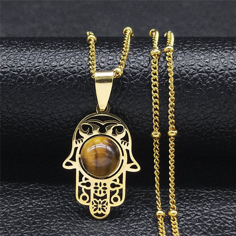 Islam Hamsa Hand Stainless Steel Tiger's Eye Stone Necklaces Women/Men Silver Color Statement Necklace Jewelry collana N7028S04