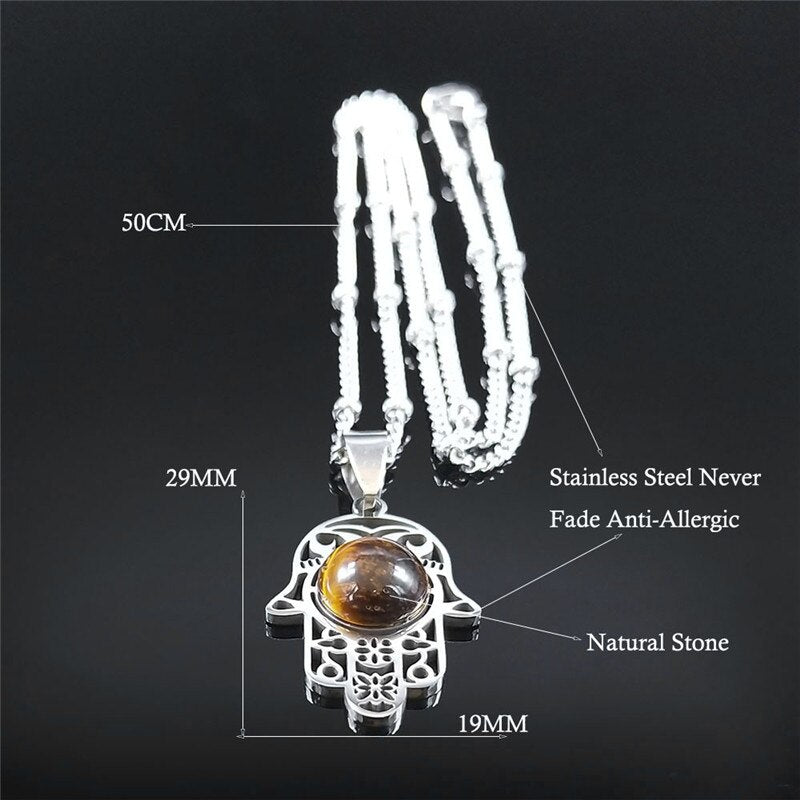 Islam Hamsa Hand Stainless Steel Tiger's Eye Stone Necklaces Women/Men Silver Color Statement Necklace Jewelry collana N7028S04