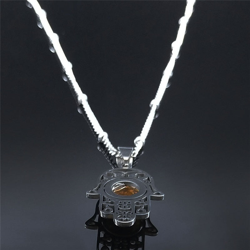 Islam Hamsa Hand Stainless Steel Tiger's Eye Stone Necklaces Women/Men Silver Color Statement Necklace Jewelry collana N7028S04