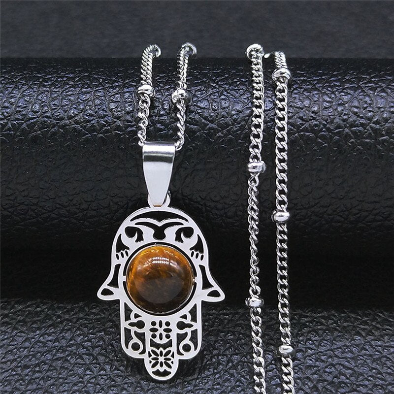 Islam Hamsa Hand Stainless Steel Tiger's Eye Stone Necklaces Women/Men Silver Color Statement Necklace Jewelry collana N7028S04