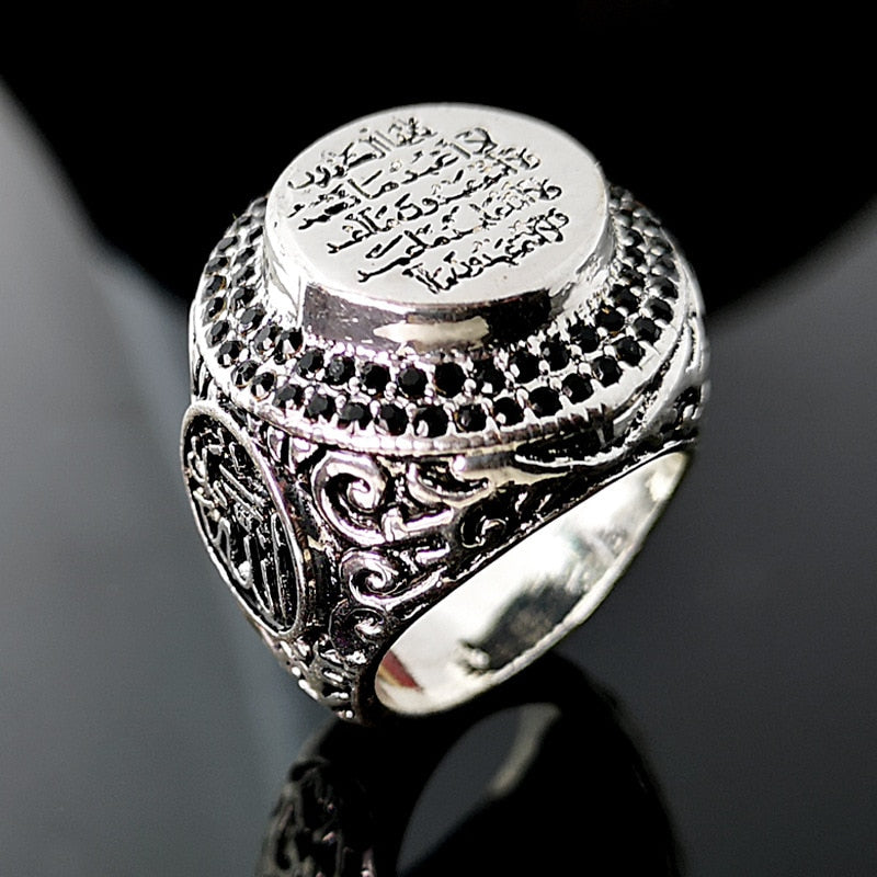 Islam Muslim Rune Pattern Ring Men's Women's Rings Metal Crystal Inlaid Big Ring Accessories Party Jewelry Size 5-11