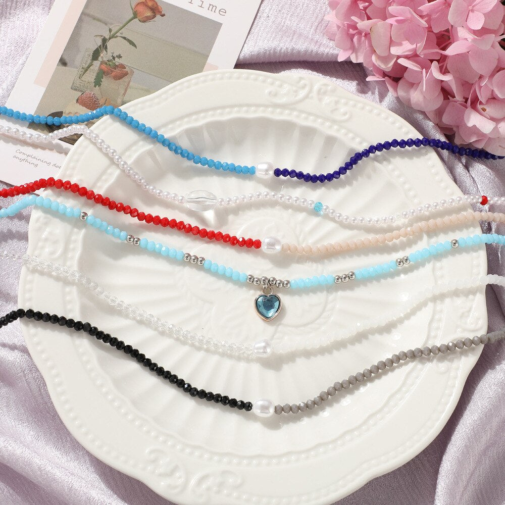 Item jewelry round pearl choker necklace gold color rice bead short neck clavicle necklace