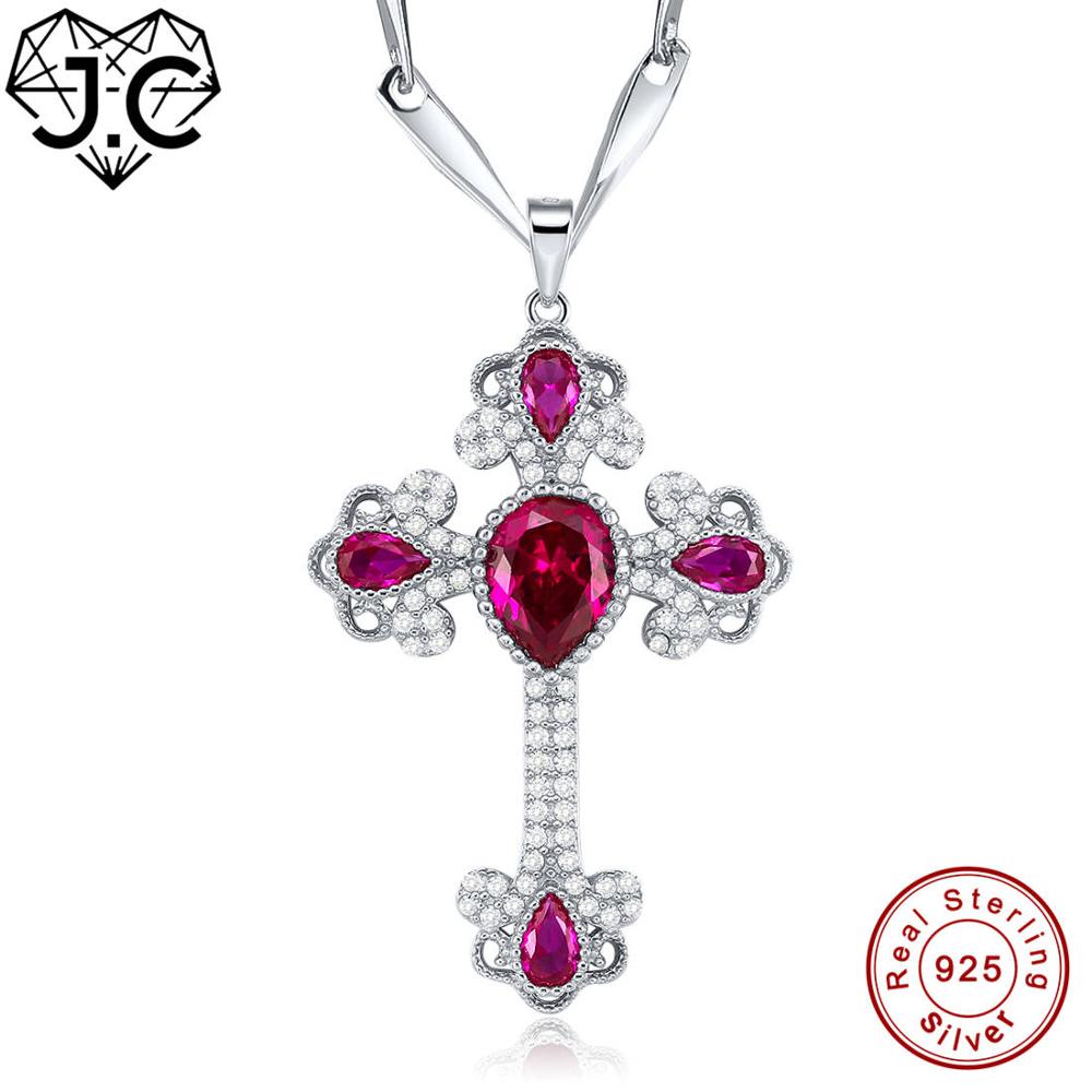 Cross Design Ruby & White Topaz Solid 925 Sterling Silver Pendant Fine Jewelry for Women Dating Excellent Necklace