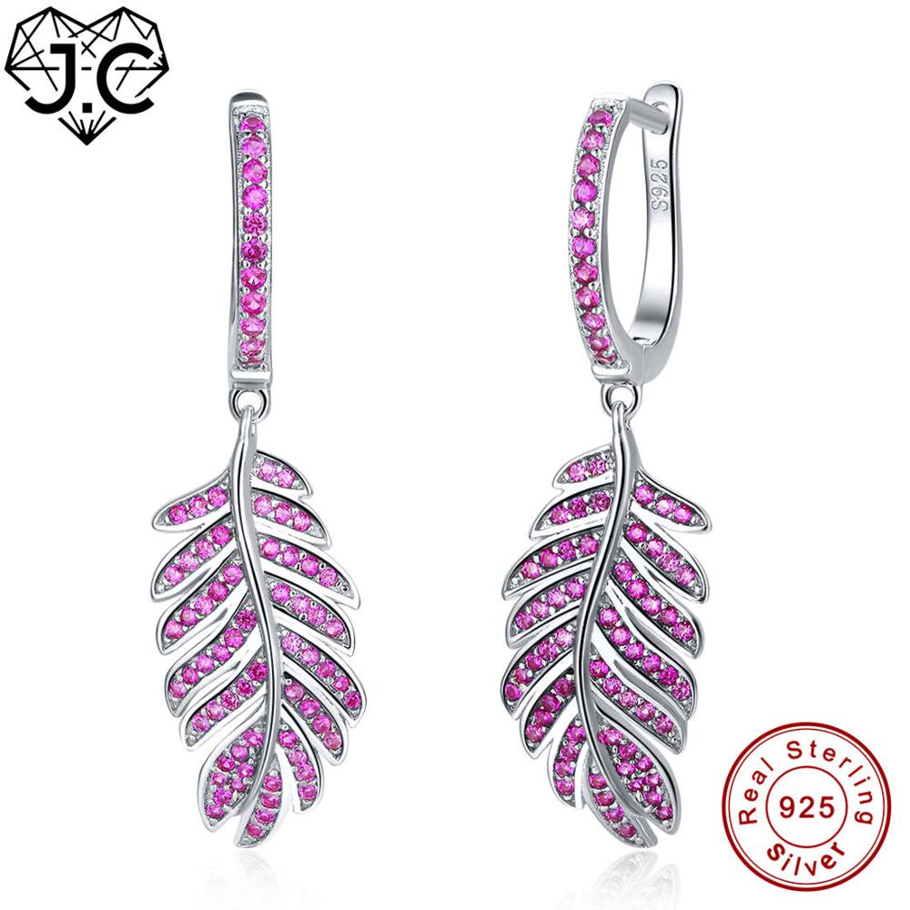 For Female Exquisite Leaf Style Round Cut Ruby Red Topaz Delicate Earrings Real 925 Sterling Silver Earrings Fine Jewelry