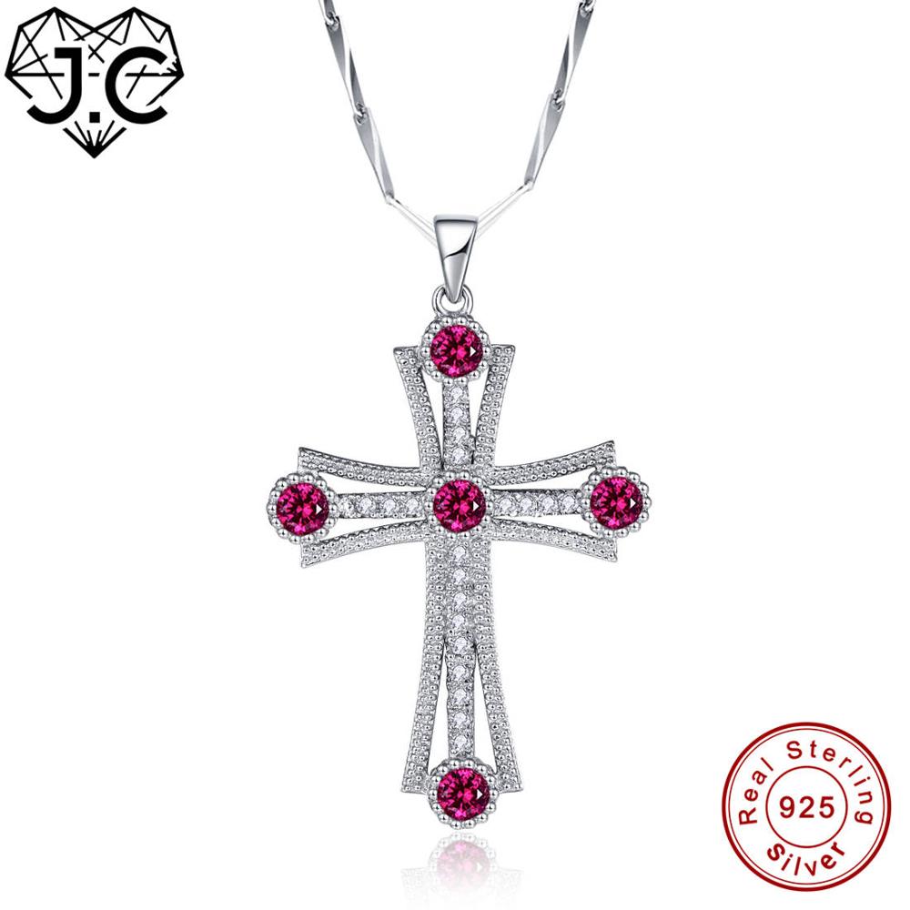 For Women Girl Excellent Dating Necklace Cross Design Ruby & Blue Topaz Solid 925 Sterling Silver Pendant Fine Jewelry