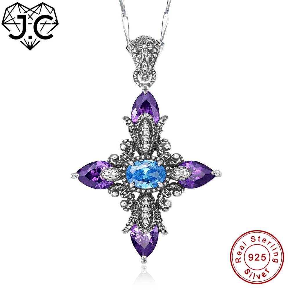 Lady's Cross Design Spessartine Garnet Blue Amethyst Topaz Solid 925 Sterling Silver Pendant Fine Jewelry for Women