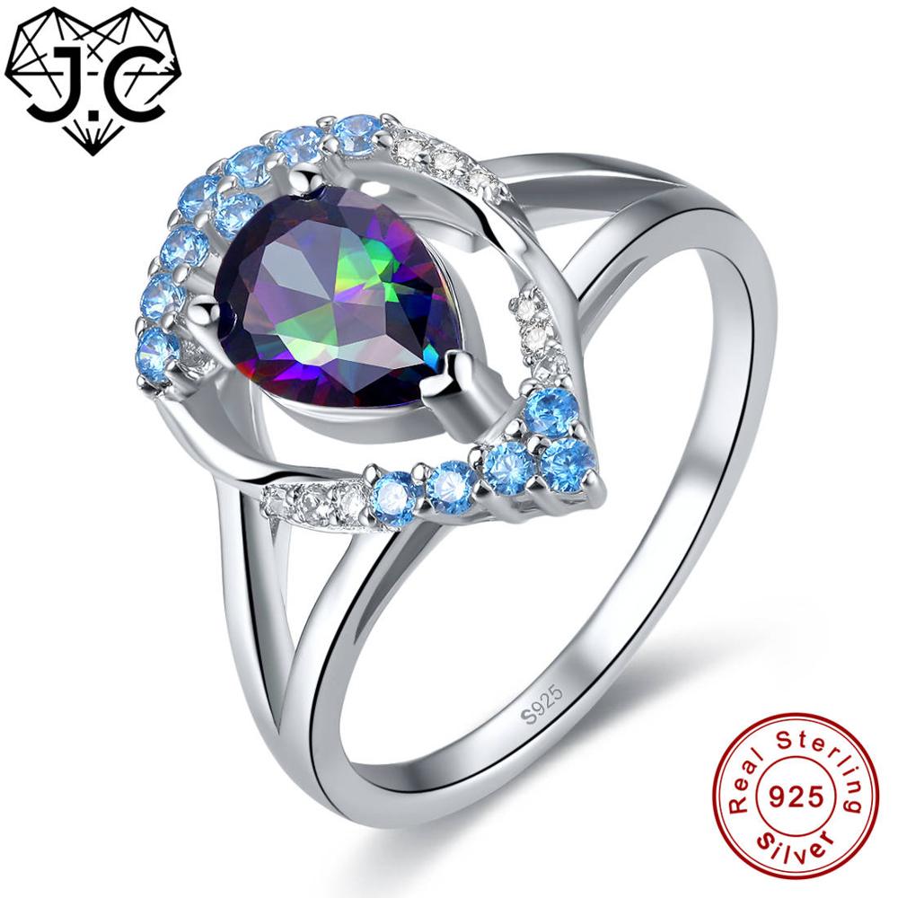 New Water Drop Rainbow & Blue Topaz Genuine 925 Sterling Silver Ring Size 6 7 8 9 For Women Wedding Engagement Fine Jewelry