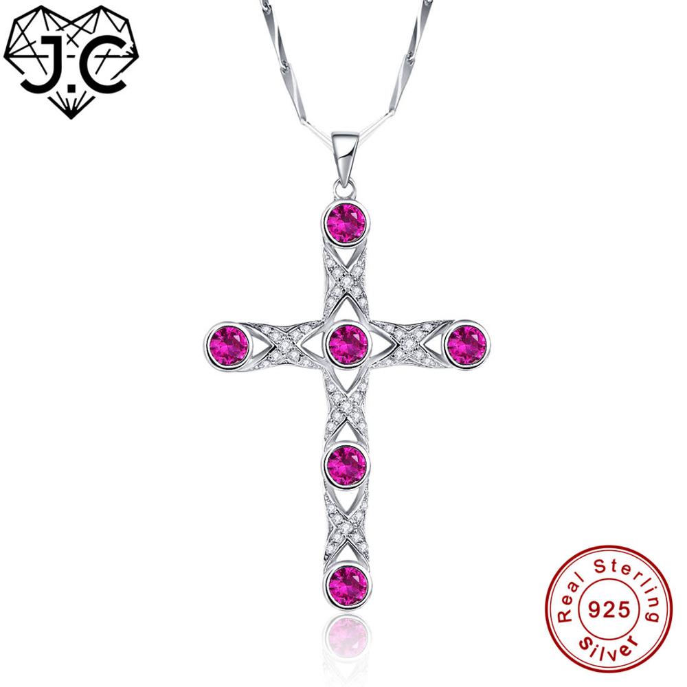 for Women Excellent Cross Design Round Cut Ruby Spinel & Sapphire Blue Topaz Solid 925 Sterling Silver Pendant Fine Jewelry