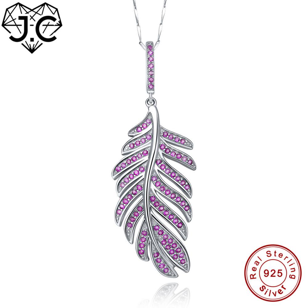 for Women Girl Excellent Vintage Necklace Feather Design Ruby White Topaz Solid 925 Sterling Silver Pendant Fine Jewelry