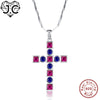 for Women Girl New Trendy Necklace Ruby Blue Purple Topaz Cross Design Solid 925 Sterling Silver Pendant Fine Jewelry
