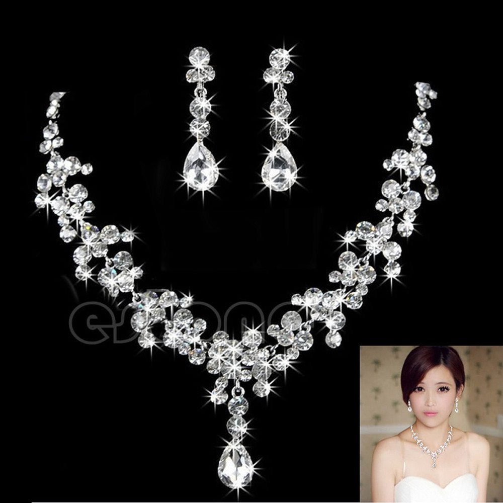 1 Set Hot Rhinestone Crystal Drop Necklace Earring Plated Jewelry Set For Wedding Bridal White/Purple/Blue Color