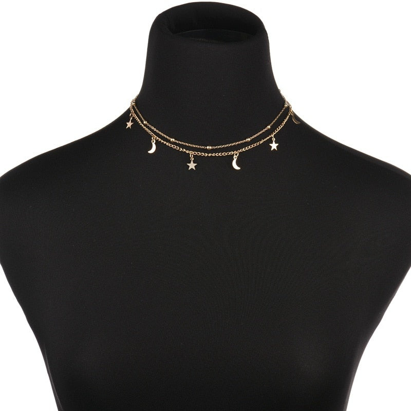 JCYMONG  38+5cm Gold Silver Color Beads Chain Choker Necklace For Women  Star Moon Pendant Necklace 2021 Jewelry Gift