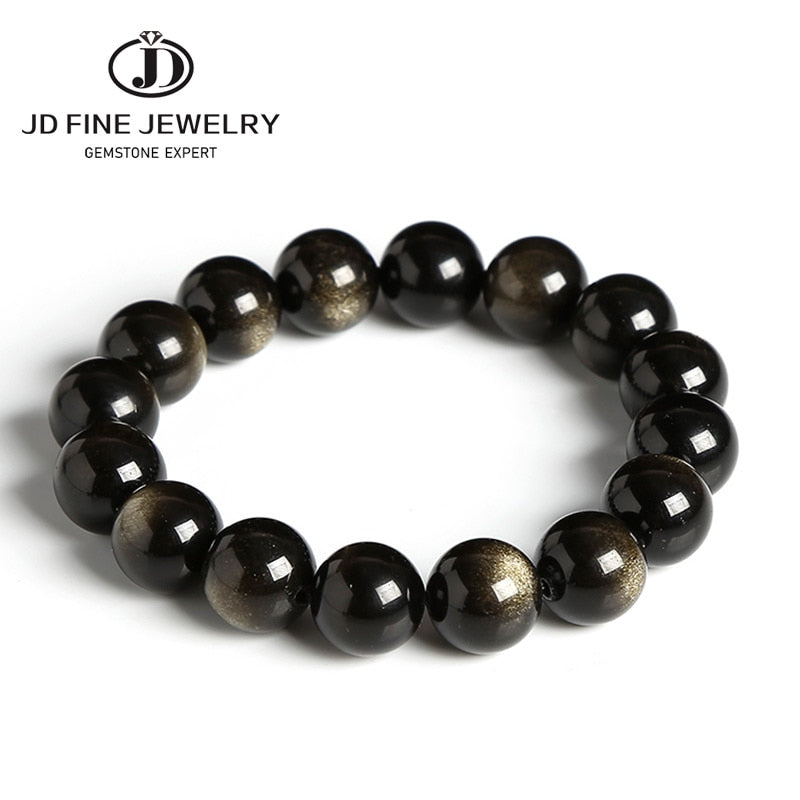 JD Black Gold Obsidian Beaded Stretch Bracelets 6-18mm Natural Stone For Man Woman Round Classic Bracelets&Bangle Lucky Jewelry