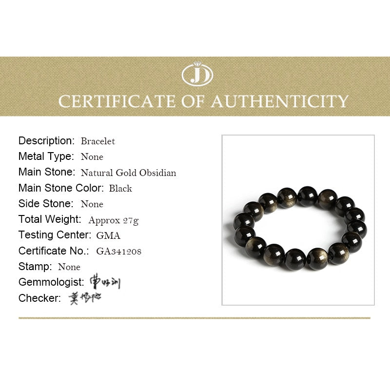 JD Black Gold Obsidian Beaded Stretch Bracelets 6-18mm Natural Stone For Man Woman Round Classic Bracelets&Bangle Lucky Jewelry