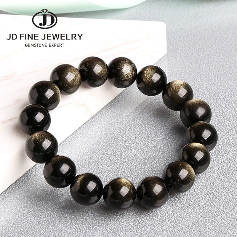 JD Black Gold Obsidian Beaded Stretch Bracelets 6-18mm Natural Stone For Man Woman Round Classic Bracelets&Bangle Lucky Jewelry