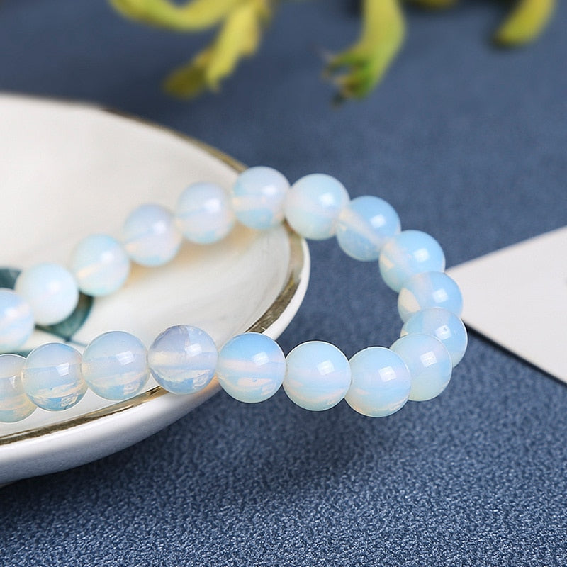 JD Women  Smooth White Opal Moon Stone Bracelet Stretch Cord Elastic Colorful Cat Eyes Stone Expandable Rope Jewelry
