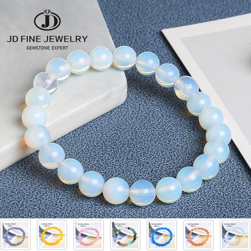 JD Women  Smooth White Opal Moon Stone Bracelet Stretch Cord Elastic Colorful Cat Eyes Stone Expandable Rope Jewelry