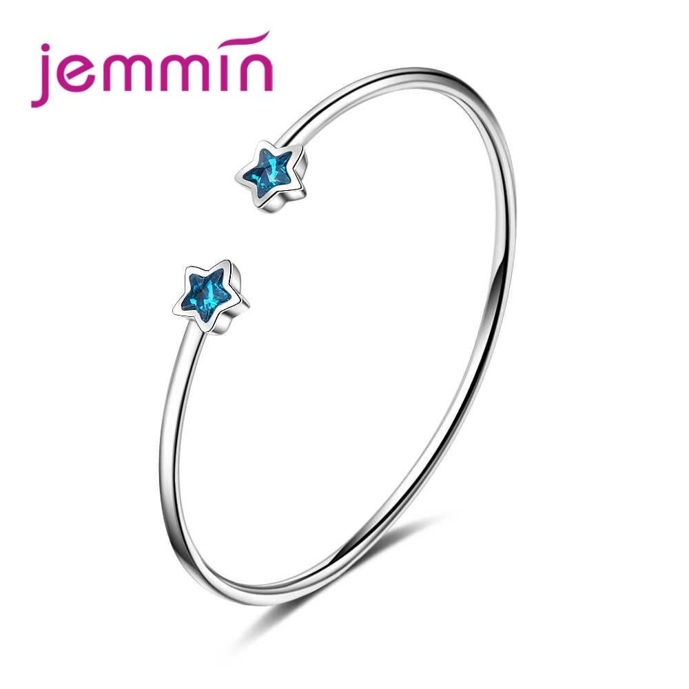 Big Promotion Clear Austrian Crystals Student Style Trendy Blue Stars Opening Bangles 925 Sterling Silver Valentine's Gif