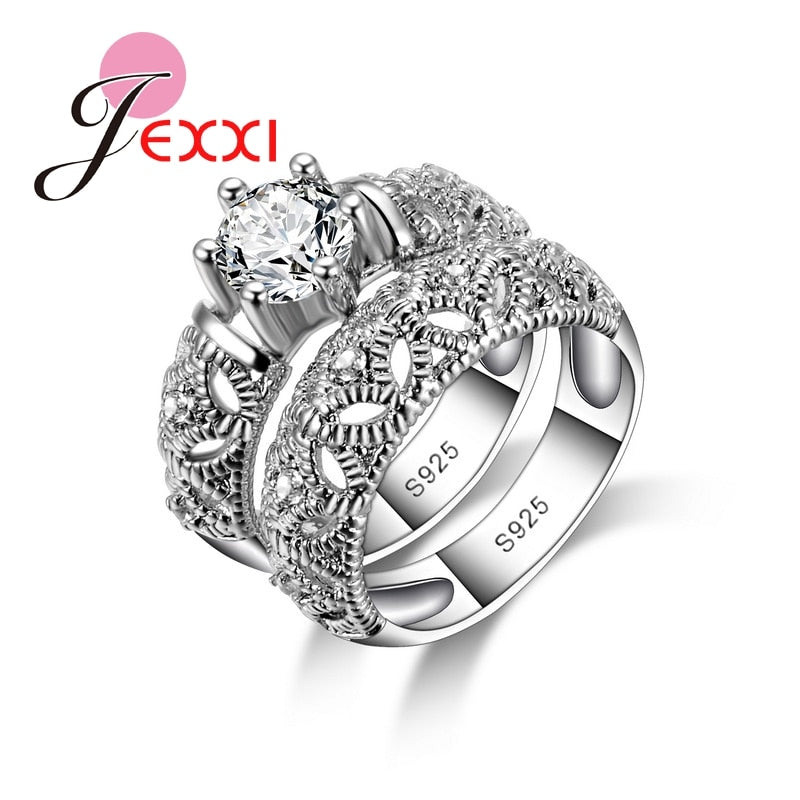 Charming Shiny 925 Sterling Silver Wedding 2 Rings Set For Couple Exquisite CZ Crystal Engagement Anniversary Jewelry