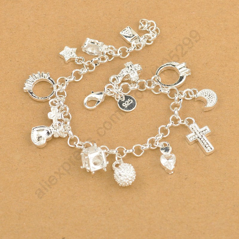 Exquisite Top Quality 925 Sterling Silver Charming Bracelet Pendants Nice Cross Moon Heart Clock Jewelry For Women Girls
