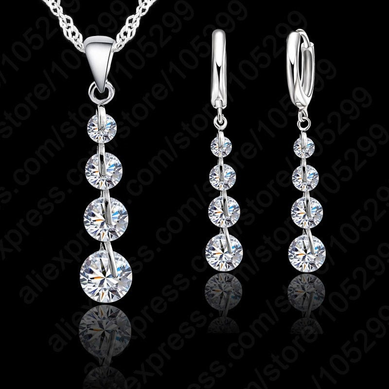 Genuine 925 Sterling Silver Clear Cubic Zirconia Link Chain Crystal Pendant Jewelry Set For Women Bridal Choker Wedding