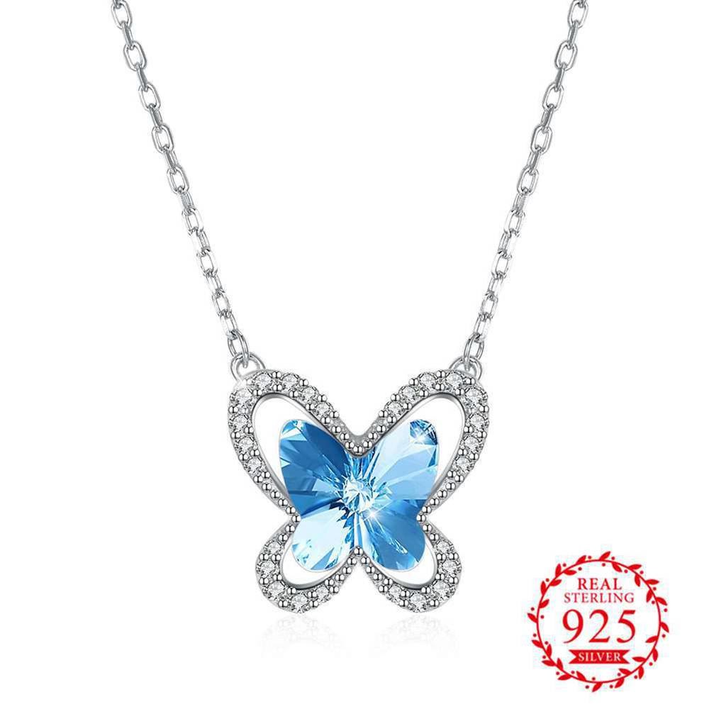 Loverly Trendy Butterfly Shape Austrian Crystal Pendant Necklace 925 Sterling Silver Romantic Gift For Mother/Lover