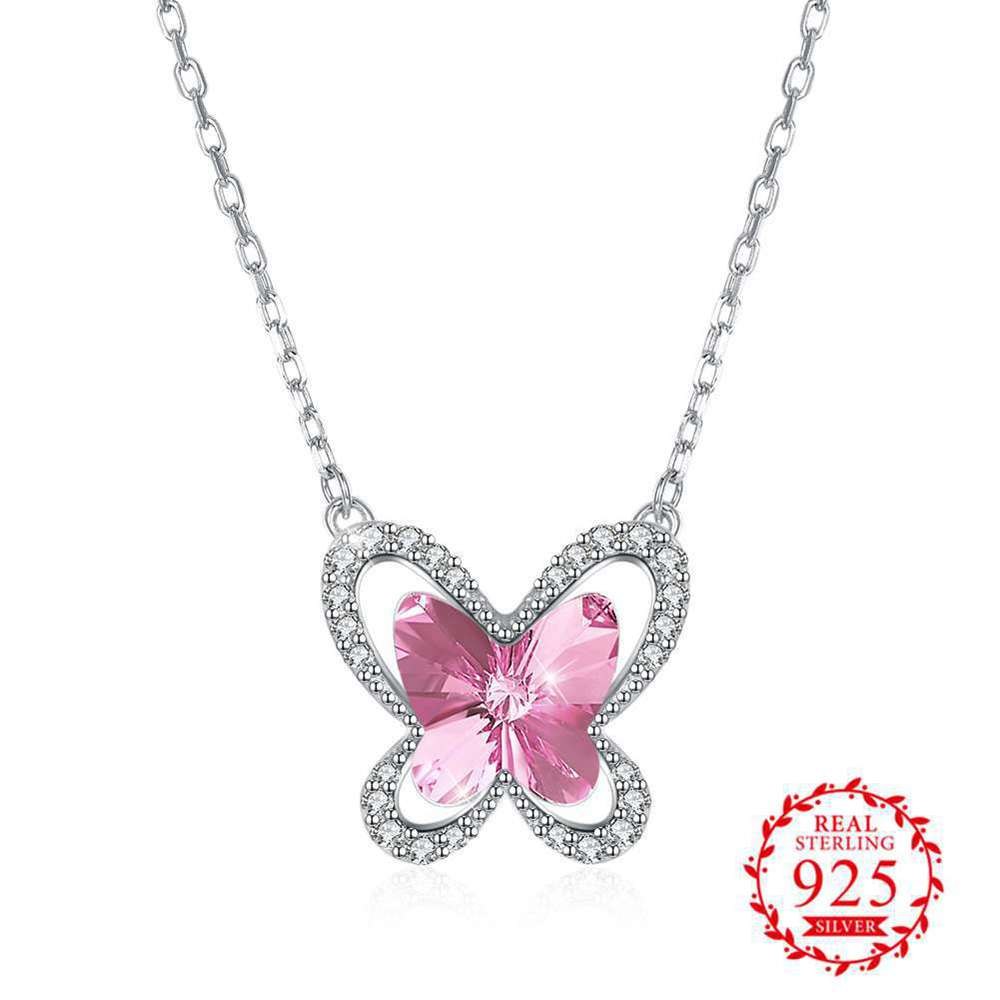 Loverly Trendy Butterfly Shape Austrian Crystal Pendant Necklace 925 Sterling Silver Romantic Gift For Mother/Lover