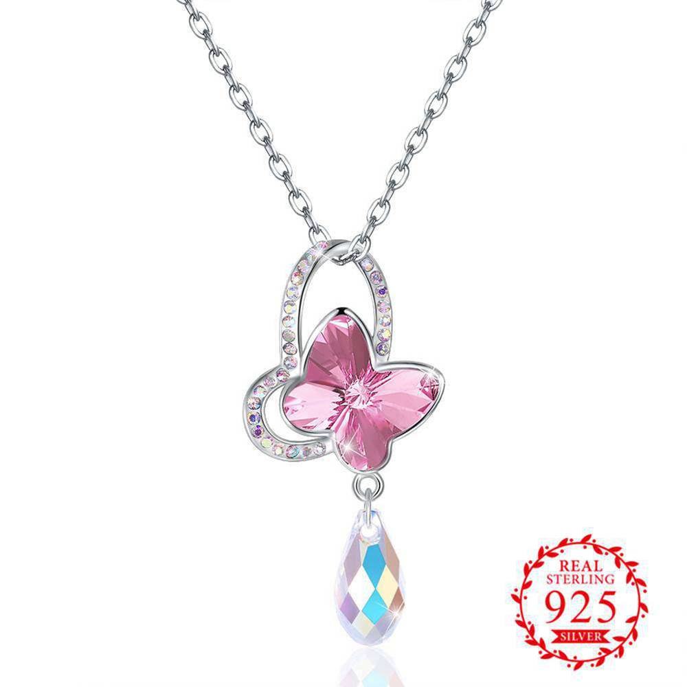 Luxurious Austrian crystal Design Real 925 Sterling Silver Colorful Pendant Butterfly Necklace For Women Ladies