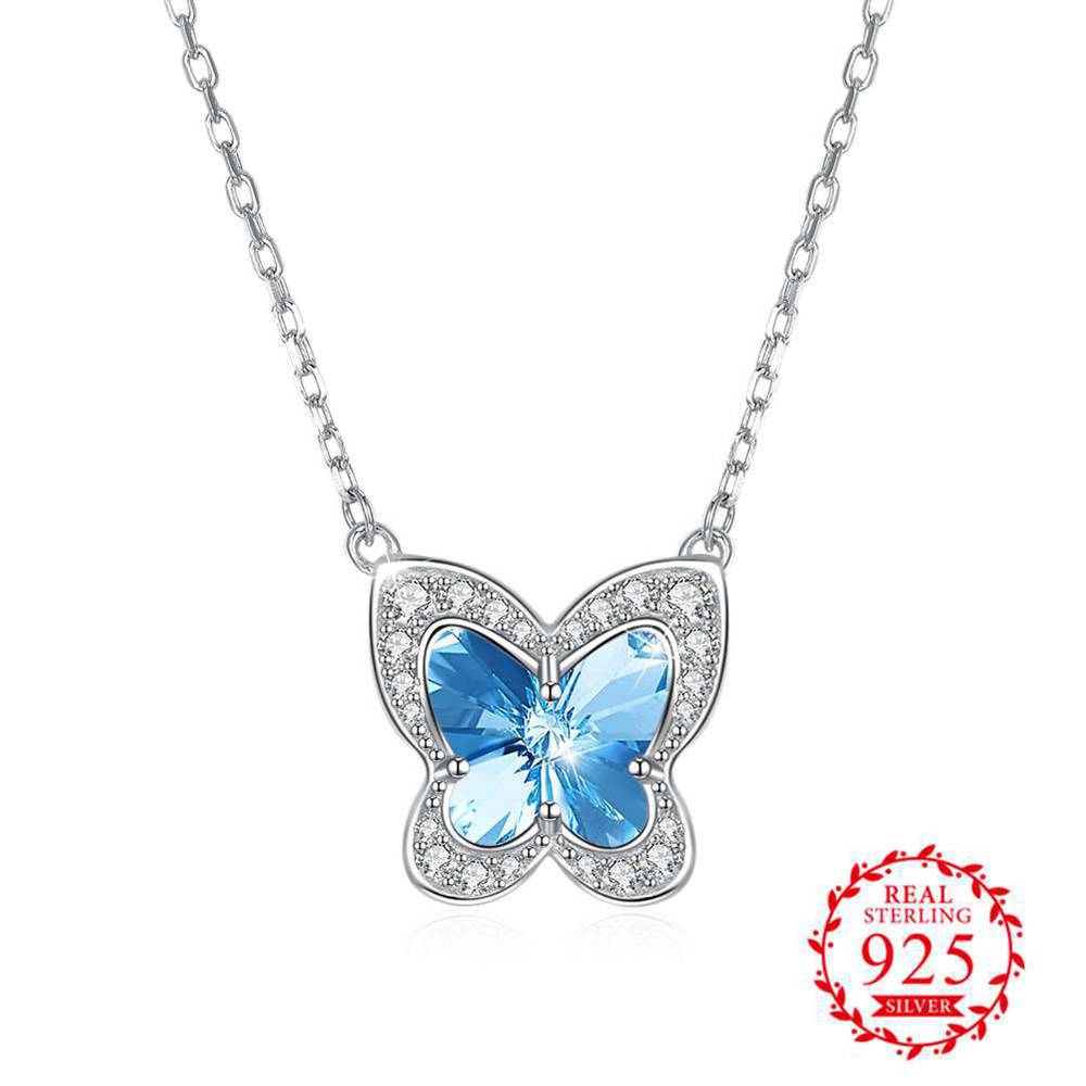 Luxury Charming Butterfly Pendant Necklace Pink/Blue Austrian Crystal 925 Sterling Silver Women Wedding Dance Jewelry