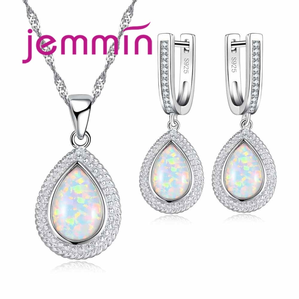 Luxury Romantic Necklace Earrings Jewelry Sets Drop Shaped Pendant 925 Sterling Silver CZ Women Dance Party Jewelry