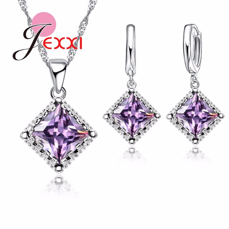 Real 925 Sterling Silver Chain Square Cubic Zircon Pendant Necklace Drop Earrings For Female Women Crystal Jewelry Gifts