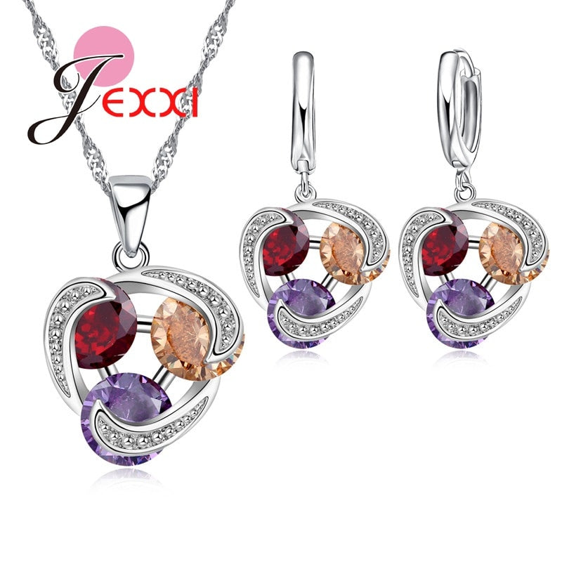 Shiny 925 Sterling Silver Jewelry Sets 3 Color CZ Drop Earrings Necklace Pendant Jewelry For Women Appointment Party